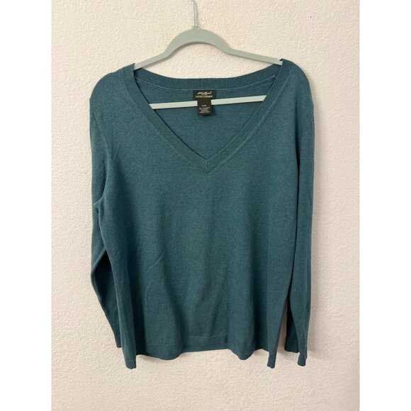 Eddie Bauer Cotton Cashmere Sweater XL Teal Womens V-Neck - Picture 1 of 7
